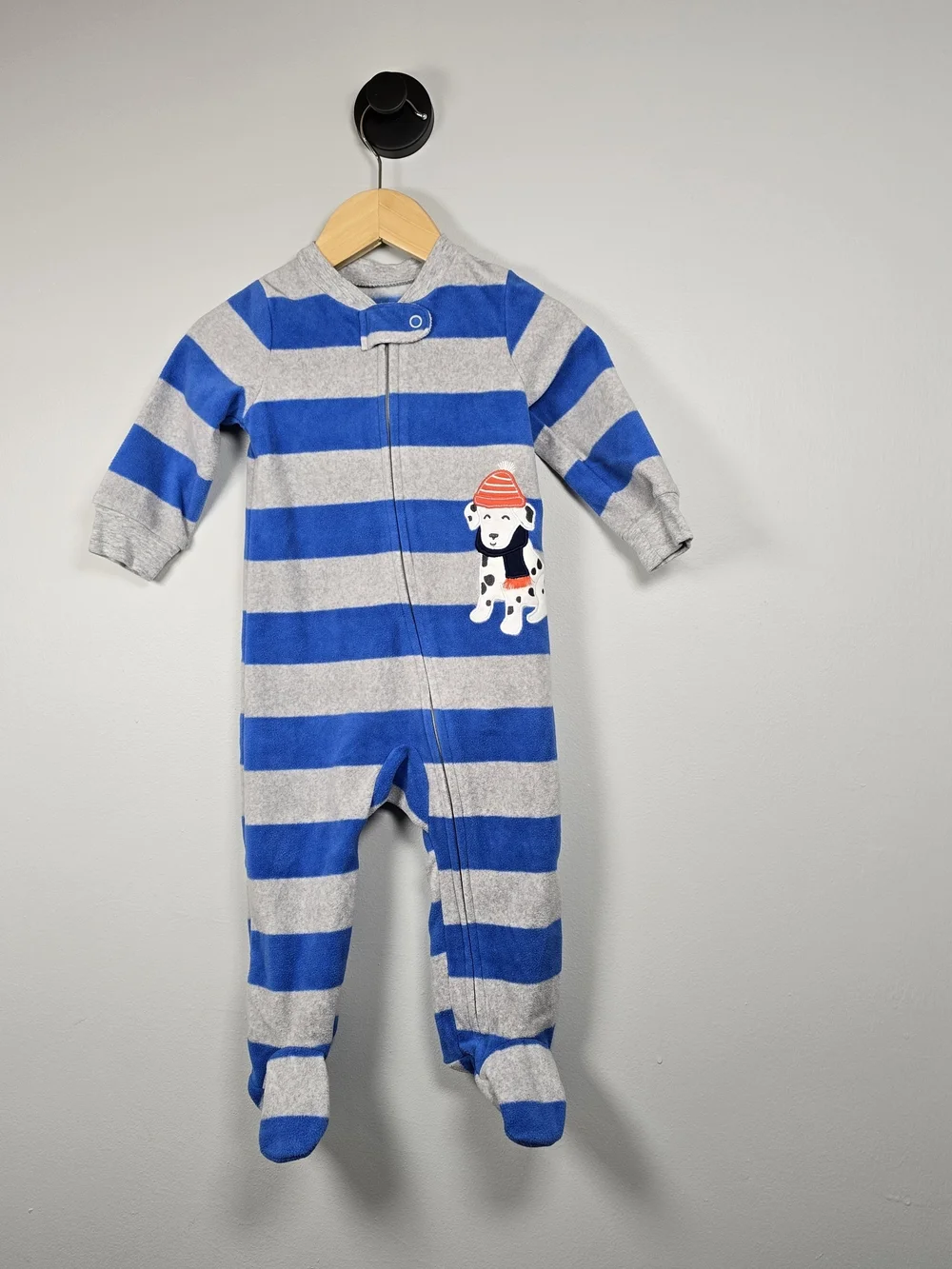 Carter's Blue & Gray Striped Fleece Footed One-Piece with Puppy Patch 9M